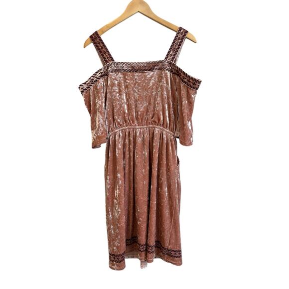 NEW Lucky Brand Pink Crushed Velvet Embroidery Cold Shoulder Pockets Dress Small - Picture 12 of 12
